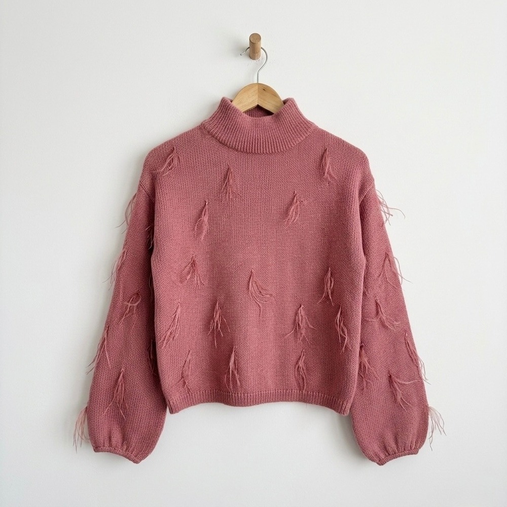 Rachel Parcell Ostrich Feather Mock Neck Sweater Mauve Pink Small Balloon Sleeve